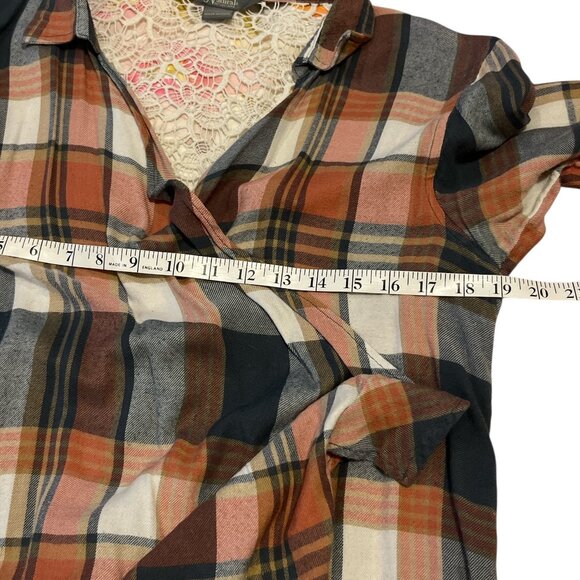 NATURAL REFLECTIONS Open Cardigan Sz L Coral Plaid Check Waterfall Lace Back - Picture 9 of 11